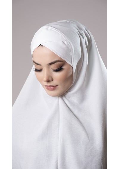 Hürrem Bone Krem Pratik Hazır Geçmeli Tesettür Eşarp Pamuk Caz Kumaş Tek Katlı Çapraz Hijab 2305 40