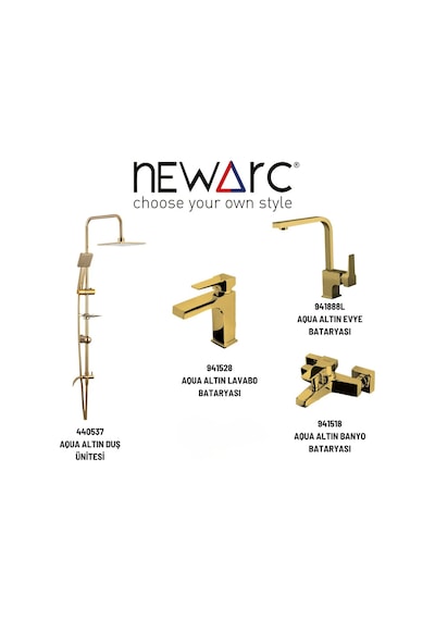Newarc Aqua 440537 + 941528 + 941888L + 941518 Batarya Duş Ünitesi Set Altın