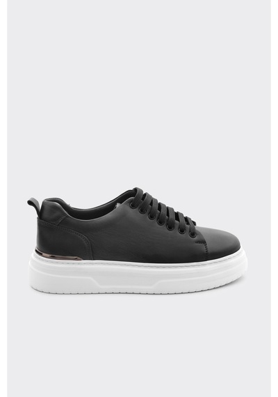 Derinet Hakiki Deri Bağcıklı Yüksek Taban Erkek Sneaker Siyah Beyaz Siyah Beyaz
