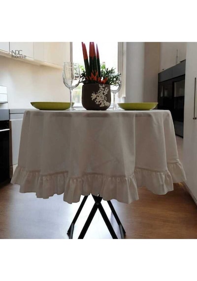 Dnc Home Tekstil  Ham Keten Krem Fırfırlı Yuvarlak Masa Örtüsü 001