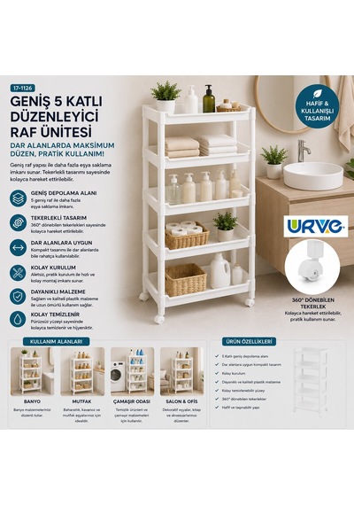 Urve Ur-3600 Rafty Geniş 5 Katlı Tekerlekli Sepet Organizer Raf Ünitesi 355x220x850 Mm Diğer