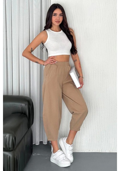 Meine Liebe Unterwäsche Kadın Pamuklu Bel Lastikli Dikiş Detaylı Camel Gabardin Kumaş Pantolon Camel