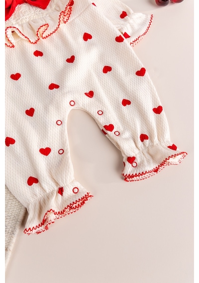 Babymod Kalp Desenli Şapkalı 100% Pamuk Kız Bebek Tulum Kırmızı