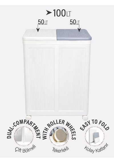 Premium Katlanabilir Tekerlekli Çamaşır Sepeti - 100 Litre Çift Bölmeli Çok Amaçlı Düzenleyici, Kapaklı Ve Çok Renkli