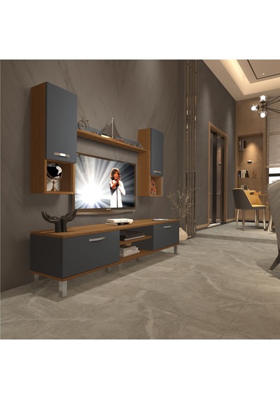Decoraktiv Eko 5da Mdf Dvd Krom Ayaklı Tv Ünitesi Tv Sehpası Ceviz - Antrasit