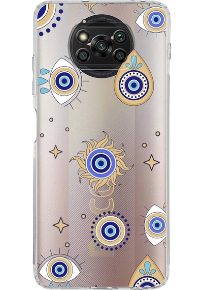 Xiaomi Poco X3 Nfc İle Uyumlu 1mm Slim Fit Nazar Boncuğu 5 Baskılı Şeffaf Kılıf Şeffaf
