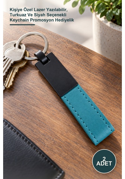 2 Adet Metal Başlıklı Deri Anahtarlık Kişiye Özel Lazer Yazılabilir, Turkuaz Ve Siyah Seçenekli Keychain Promosyon Hediyelik
