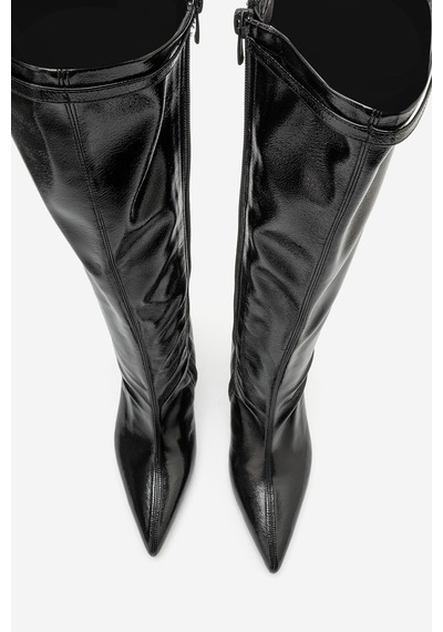 Luvi Shoes Dorado Siyah Kırışık Rugan Kadın Topuklu Çizme