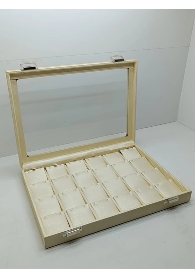 Yeni Cam Kapaklı Imera Deri Kumaş Krem Renk 34 Cm / 24 Cm 20 Bölmeli Küpe Sergileme Standı