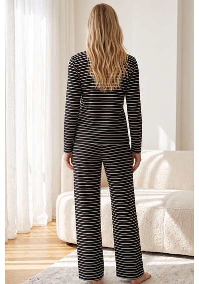 Siyah İnci Viskon Örme Pijama Takımı 26240305 Siyah