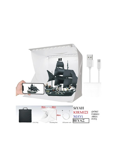 Katlanabilir Mini Fotoğraf Kutusu Işıklı Ürün Çekim Çadırı 40x40x40