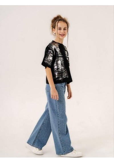 Zekids Kız Çocuk Bol Paça Taşlı Denim Pantolon-13901-mavi Mavi