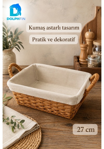 27 Cm Hasır Ekmek Sepeti Kumaş Astarlı Kulplu Dikdörtgen Sunum Sepeti Bej