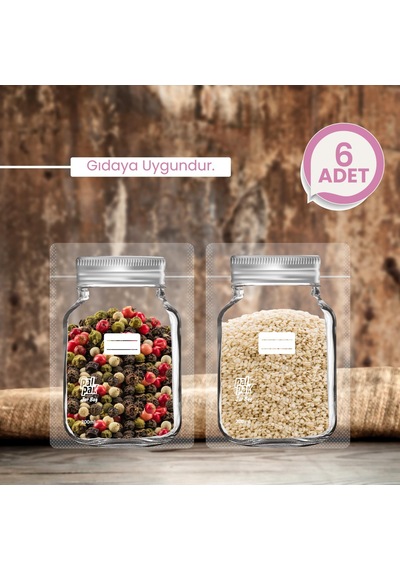 Gümüş Desenli Mini Boy Kavanoz Görünümlü Kilitli Doypack Saklama Poşeti 6 Adet 11x15 Cm - 200 Ml