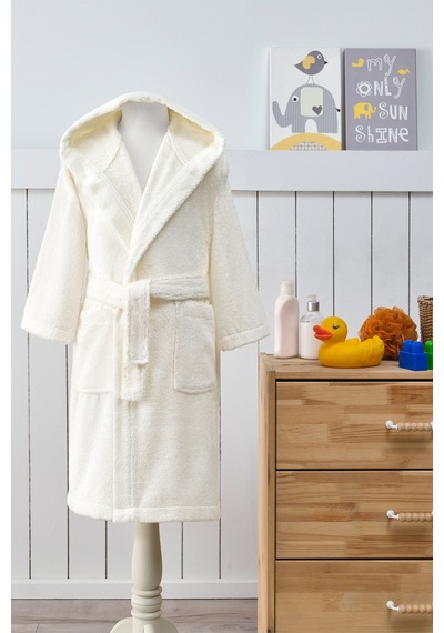Ashley Kapüşonlu Bambu Çocuk Bornozu 11/12 Yaş Krem