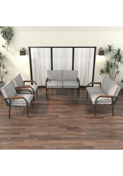 Mygusi Hayal Balkon Bahçe Cafe - Metal Kanepe Koltuk Takımı - 2+2+1+1 Açikgri Açık Gri