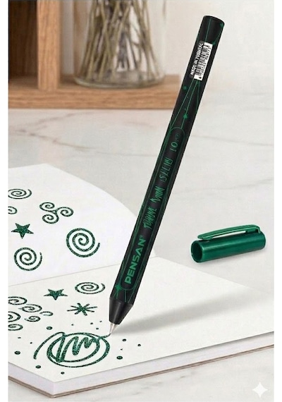 Yeşil Simli Tükenmez Kalem 2 Adet Pensan Jely Simli Pilot Kalem Ergonomik Tutuş Yumuşak Yazım Siyah Defter Renkli