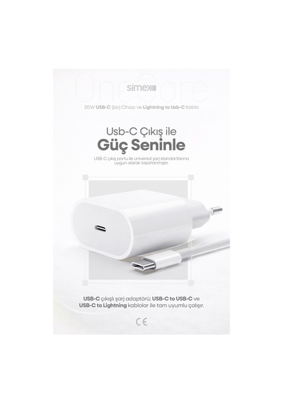 Simex İphone X-11-12-13-14 Serileri İpad & Airpods İle Uyumlu Usb-c 20w Hızlı Şarj Seti Ce Belgeli Sps-15