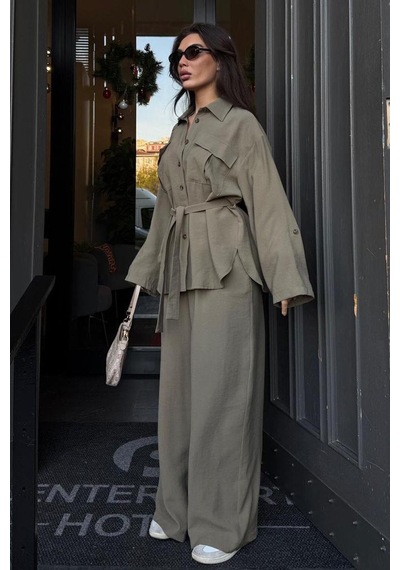 Seeh Haki Uzun Kollu Oversize Kadın Takım Sh338 Standart
