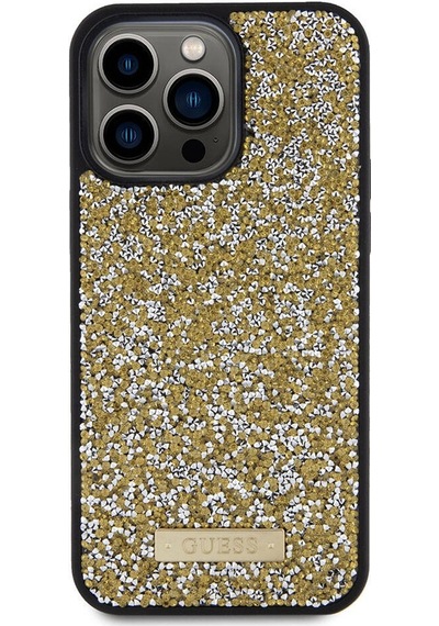 Apple Uyumlu iPhone 15 Pro Max Kılıf Guess Lisanslı Taşlı Arka Yüzey Metal Yazı Logolu Kapak Siyah