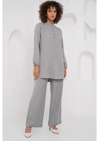 Bigdart 6678 Keten Tunik Pantolon İkili Takım - Gri