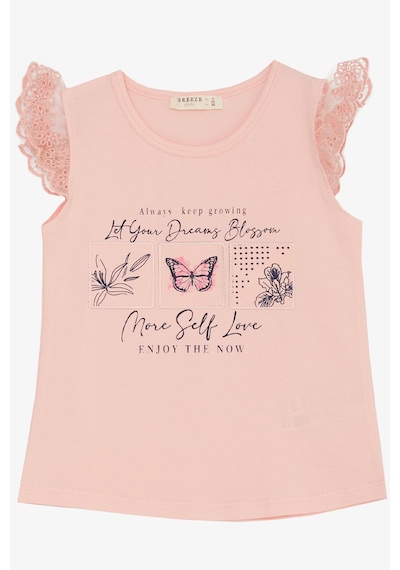 Breeze Kız Çocuk Tişört Kolları Güpür Nakışlı Kelebek Baskılı 1.5-5 Yaş, Pembe-pembe Pembe