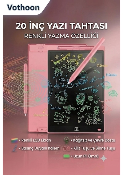 20 Inc Renkli Lcd Grafik Dijital Kalemli Çizim Tableti Yazı Tahta Not Yazma Eğitim Tableti Pembe