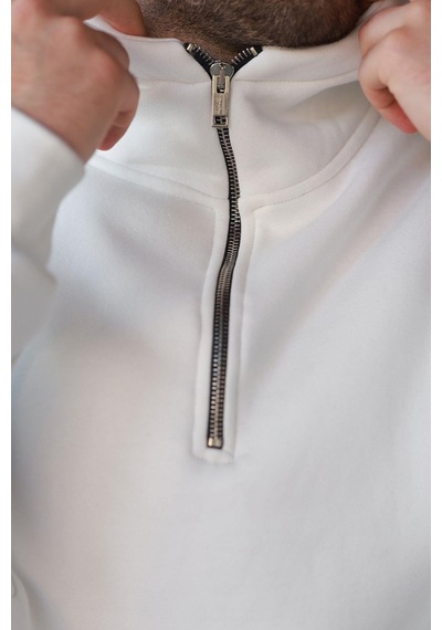 Madmext Ekru Fermuarlı Yaka Kapüşonlu Erkek Sweatshirt E7161 Ekru