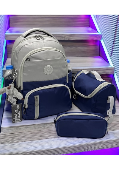 İlk Okul Çantası 3'lü Seti Unisex Çocuk İlkokul Çantası Gry-8010 Gri-lacivert Lacivert
