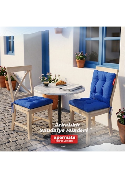 Pofuduk Arkalıklı Sandalye Minderi Bağcıklı Yıkanabilir Dekoratif Minder Mavi