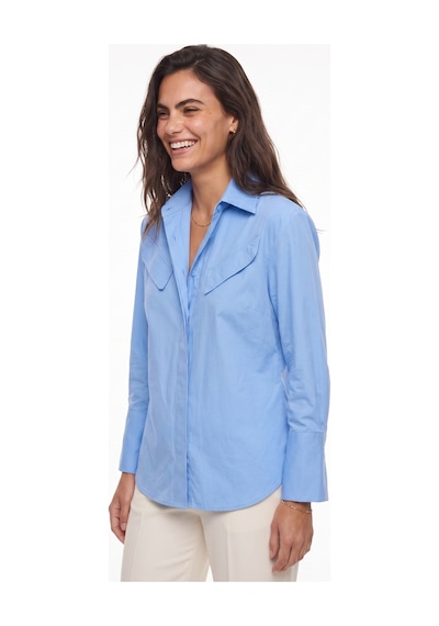 Onloox Kadın Mavi Mavi Pamuklu Poplin Gömlek Yaka Rahat Kesim Vatkalı Asimetrik Geniş Manşetli Cepli Gömlek
