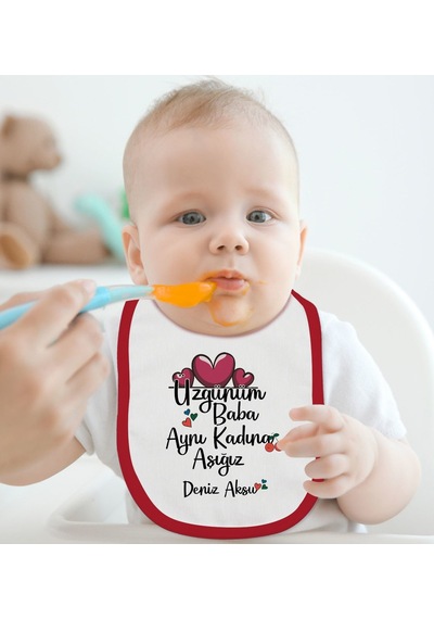 Bk Kids Kişiye Özel Aynı Kadına Aşığız Tasarımlı Kırmızı Bebek Mama Önlüğü-2 Kırmızı