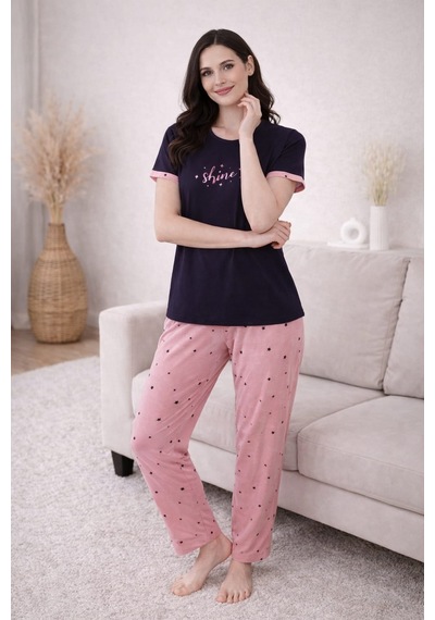 Pemilo Kadın 2004-18 Kısa Kol Likralı Bambu Pijama Takımı Siyah - Pudra