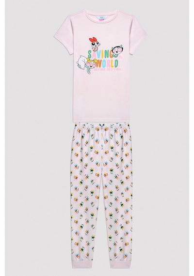 Powerpuff Girs Kız Çocuk Kısa Kollu Pijama Takımı Pudra