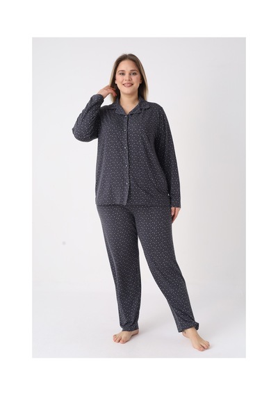 Estiva Kadın Yıldız Desenli Lacivert Önden Düğmeli Soft Battal Pijama Takımı Çok renkli