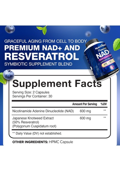 Nutrivein Premium Nad + Resveratrol 600 Mg Aging Cognition Metabolism Overall Well-being 60 Caps