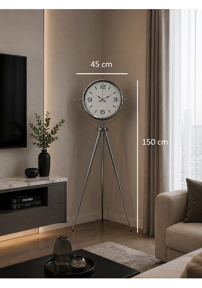 Krom Modern 150 X 45 Cm Metal Tripod Ayaklı Saat