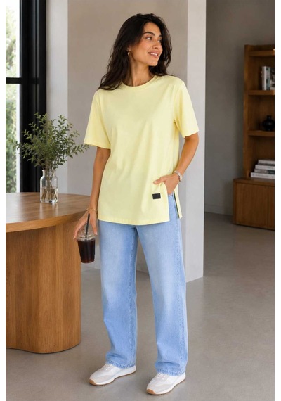 Tenra Kadın Basic Oversize Tişört Bisiklet Yaka Uzun Boy Yırtmaçlı Lazer Kesim %100 Pamuk Sarı Tenra Kadın Basic Oversize Tişört Bisiklet Yaka Uzun Boy Yırtmaçlı Lazer Kesim %100 Pamuk Sarı