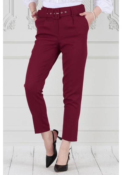 Sevitli Beli Kemerli Pileli Kalem Pantolon-bordo-3679-bordo Bordo