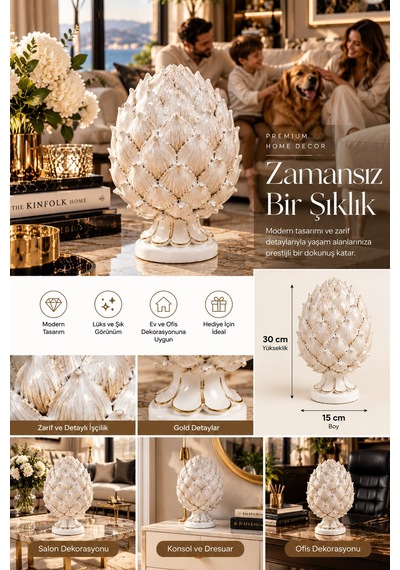 Beyaz Gold Detaylı Dekoratif Enginar Biblo 30 Cm Lüks Salon Ve Ofis Aksesuarı