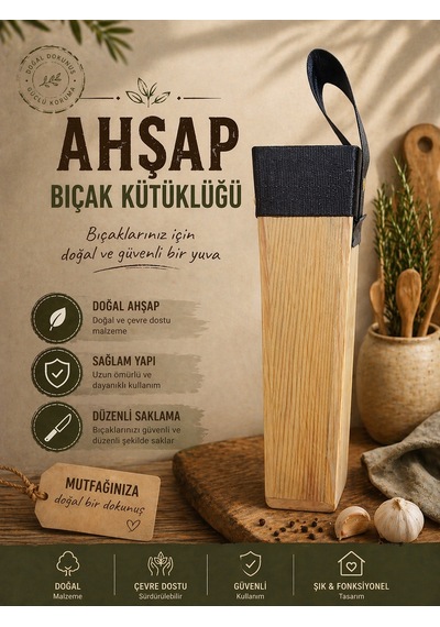 Masif Kütüklük, Kasap Ahşap Bıçak Kütüklüğü Bel Tipi, Kurban Bıçağı Koruma Kabı 4 Gözlü