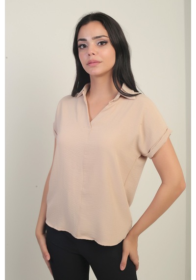 By Saygı Polo Yaka Duble Kol Ayrobin Bluz Bej