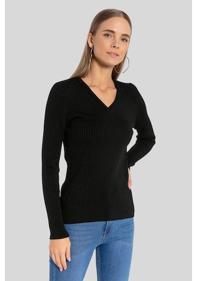 Miss Poem Kadın V Yaka Slim Fit Fitilli Uzun Kışlık Ekru Triko Kazak Siyah
