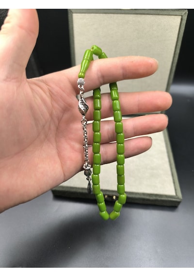 Osmanlı Benzetme Çubuk Sıkma Tesbih Fıstık Yeşili, 9,5x7 Mm Gümüş