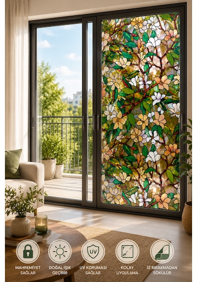 Deconitte Desenli Vitray Gürünümlü Statik Cam Filmi 60x100 Cm Yapışkansız Dekoratif Pencere Folyosu, Buzlu Cam Kaplama Kumlama