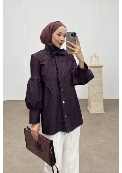 Meecy Denim Tesettür Balon Detaylı Kuşaklı Gömlek Mürdüm Mürdüm