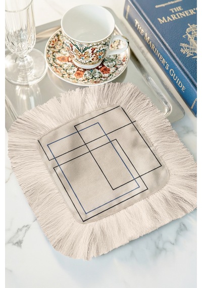 Geometrik Modern Saçaklı Sunum Peçetesi - Minimal Çizgiler Modern Bej Mavi Kahve Yanı Sunum Mendili Çok Renkli