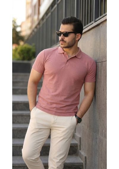 Efnaz Style Erkek Kısa Kollu Yakalı Tişört Gülkurusu