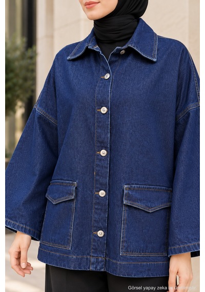 Polo State Oversize Cep Detaylı Tesettür Denim Ceket Lacivert