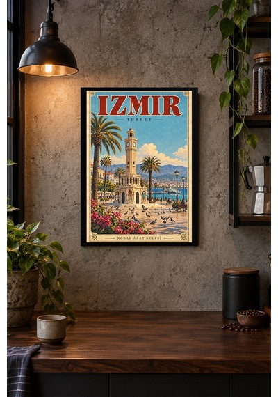 Palmiye Ve Kuleli Kıyı İllüstrasyonu Desenli Dekoratif Mdf Tablo, Çerçeve Görünümlü Ahşap Poster